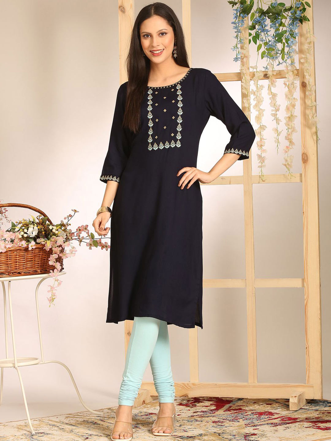 Anouk Women Round Neck Mirror Work Kurta