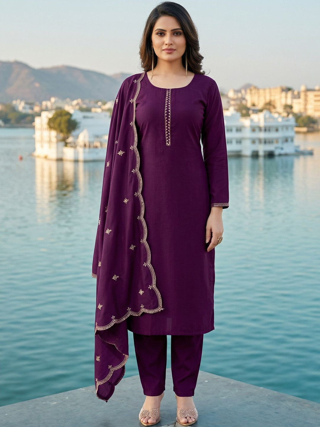 Anouk Mirage Ethnic Motifs Embroidered Cotton Silk Kurta with Trousers & Dupatta
