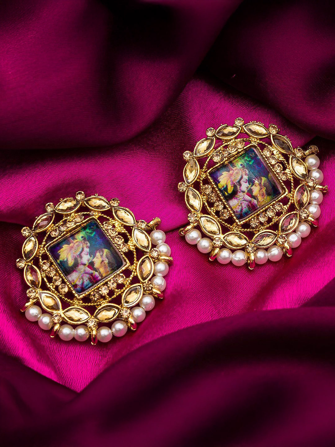 Anouk Gold-Plated Kundan Studded & Pearls Beaded Square Photo Design Temple Studs