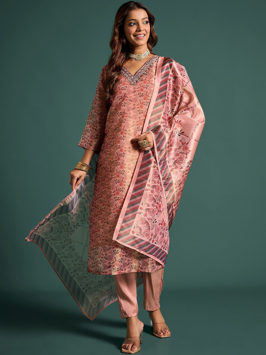 Anouk Women Floral Printed Regular Thread Work Kurta with Trousers & With Dupatta