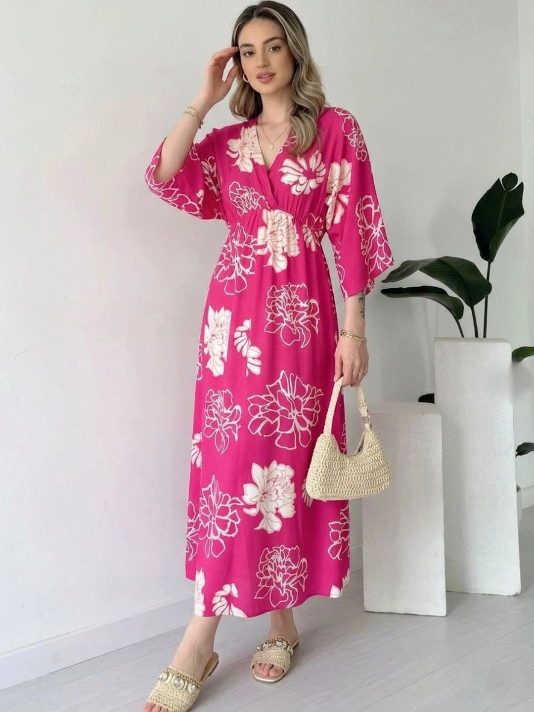 Modestouze Attires Floral Print Kimono Sleeve Maxi Dress