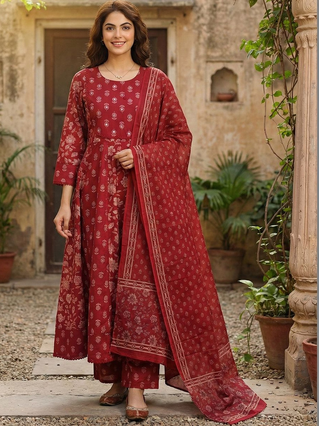 Anouk Women Ethnic Motifs Printed Empire Mirror Work Pure Cotton Kurta with Palazzos & With Dupatta