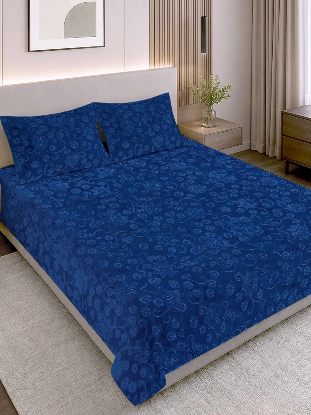 Myntra Elegant Homes Navy Blue Floral 300 TC Woollen King Bedsheet Set-2.50 x 2.25 m