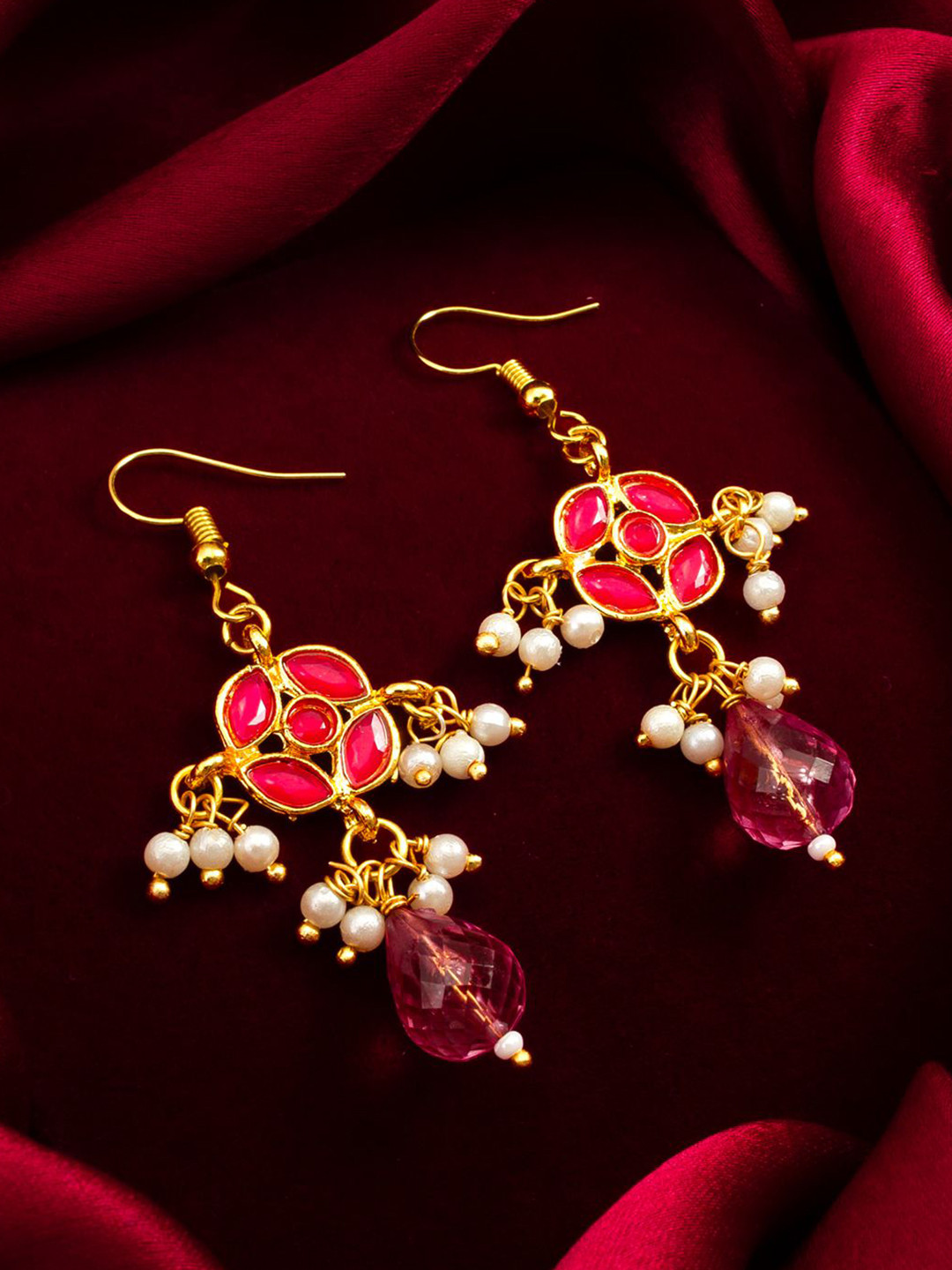 Anouk Gold-Plated Kundan Studded & Pearls Beaded Contemporary Drop Earrings