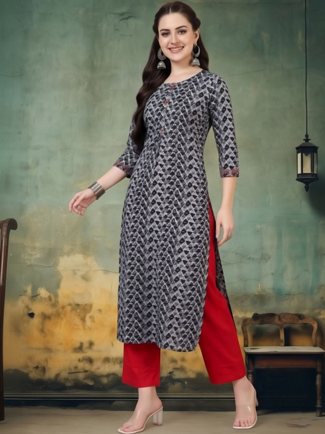 Anouk Women Geometric Printed Round Neck Cotton Kurta