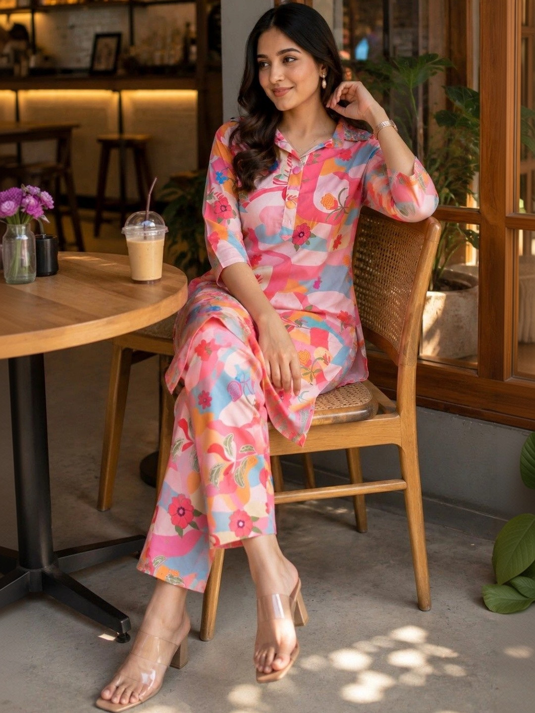 FFI Floral Print Rose Silk Co-ord set