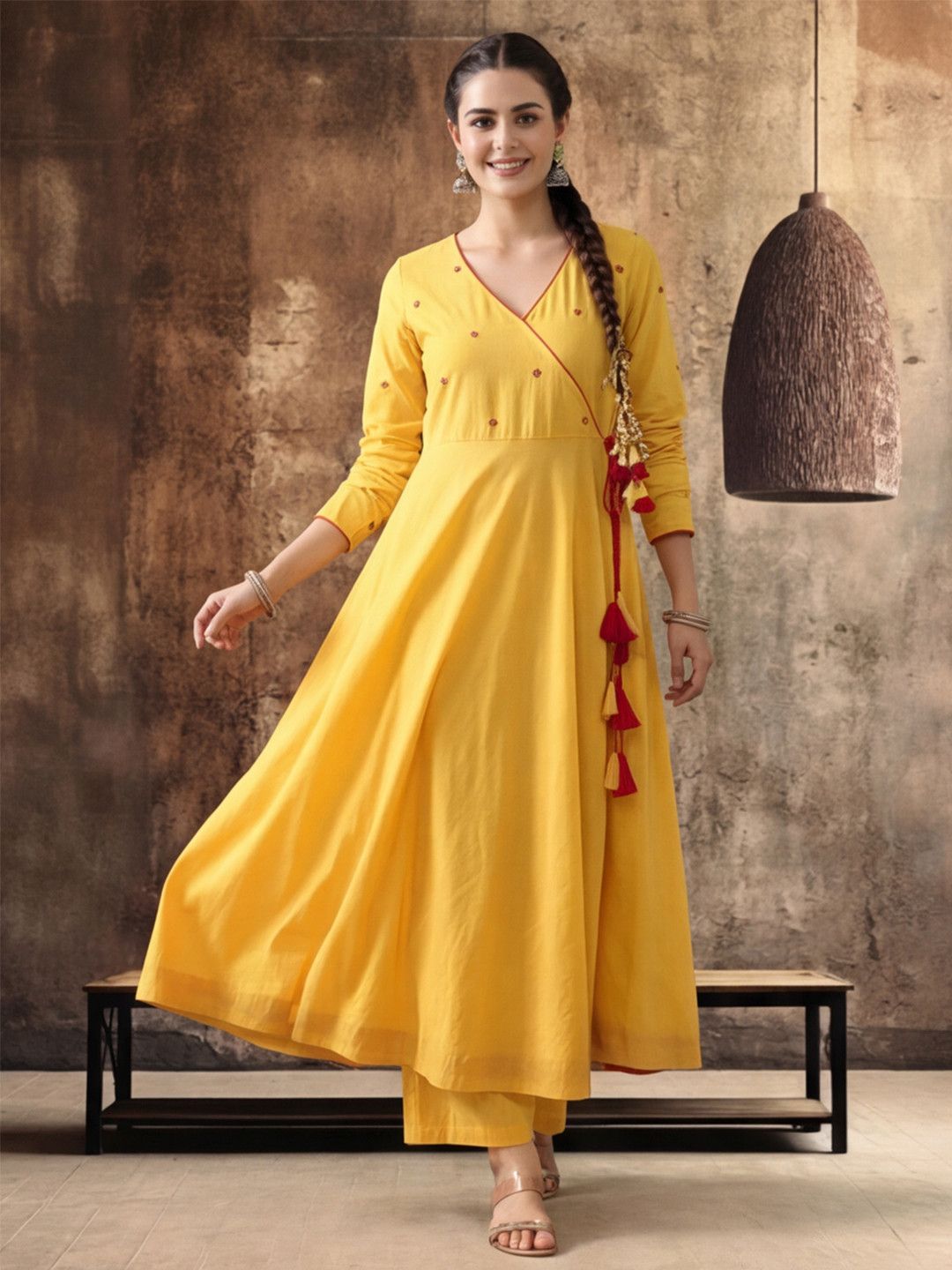 Anouk Women Embroidered Angrakha Mirror Work Pure Cotton Kurta with Trousers