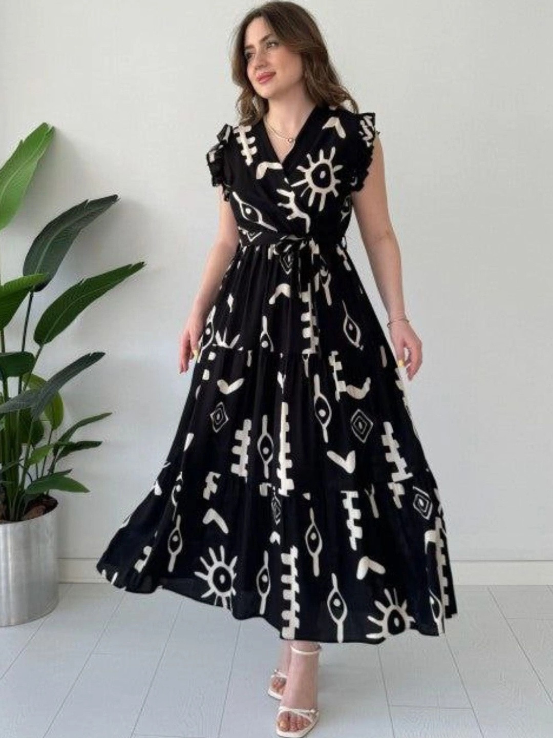 Modestouze Attires Print Flutter Sleeve Ruffled A-Line Maxi Dress