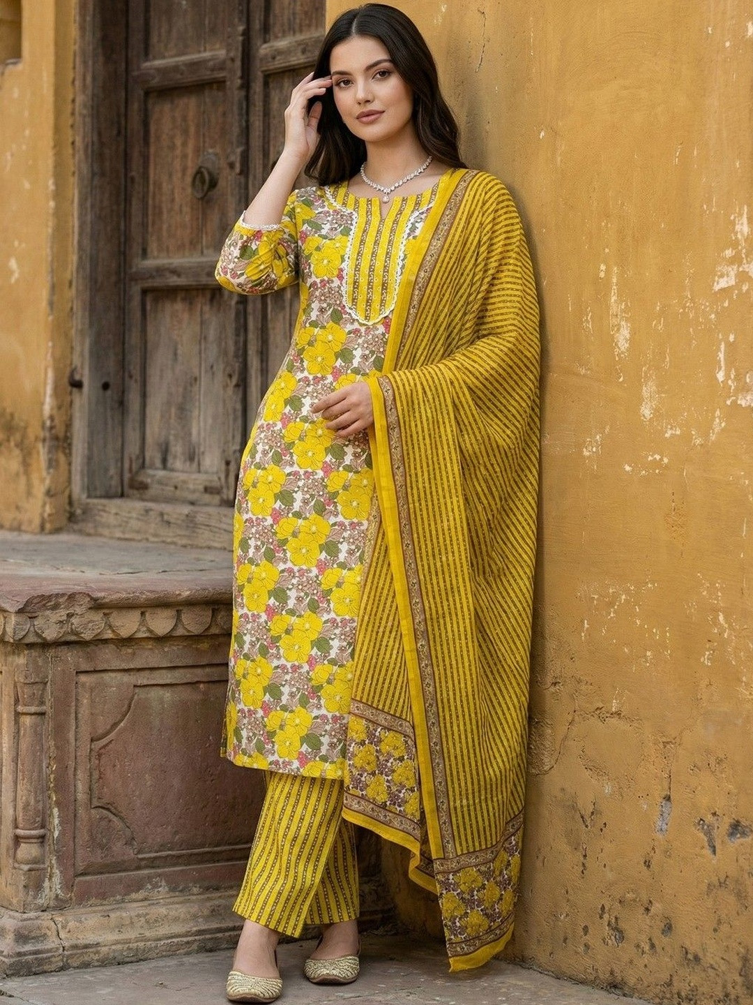 Anouk Women Floral Printed Regular Thread Work Pure Cotton Kurta with Trousers & With Dupatta