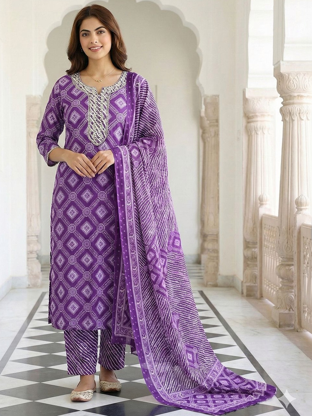 Anouk Women Printed Regular Thread Work Pure Cotton Kurta with Trousers & With Dupatta
