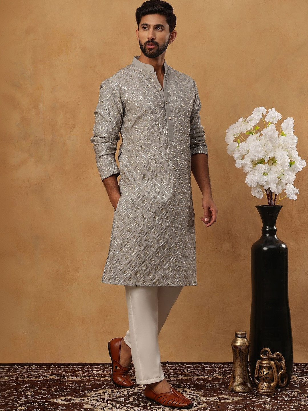 Anouk Men Embroidered Regular Sequinned Kurta with Pyjamas