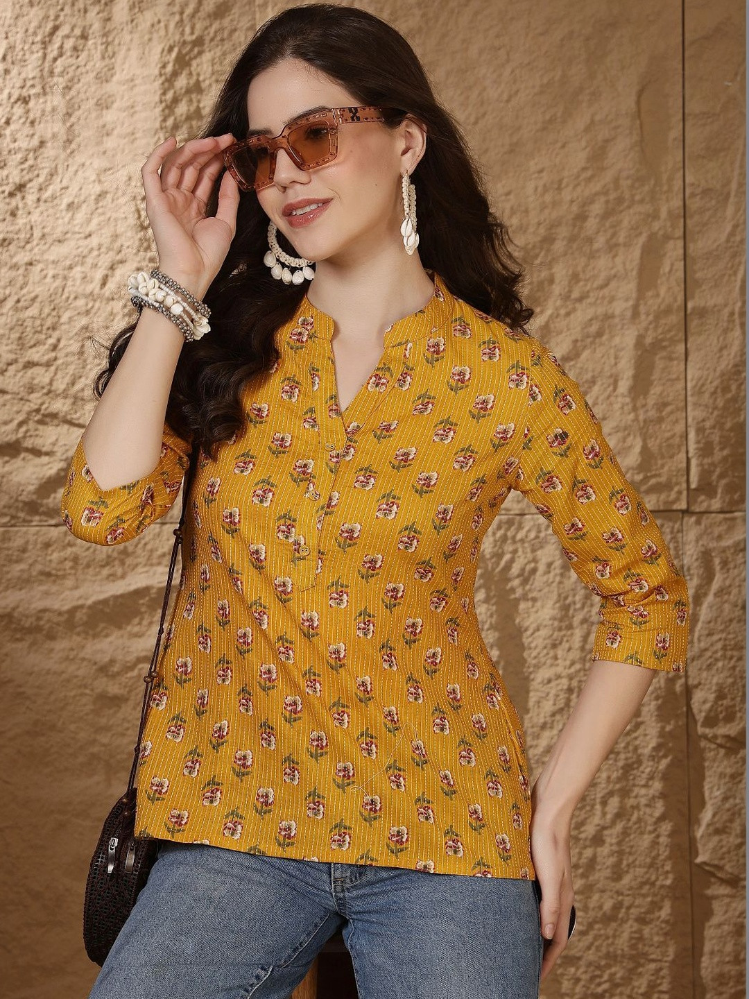 Anouk Mirage Floral Print Mandarin Collar Cotton Blend Top