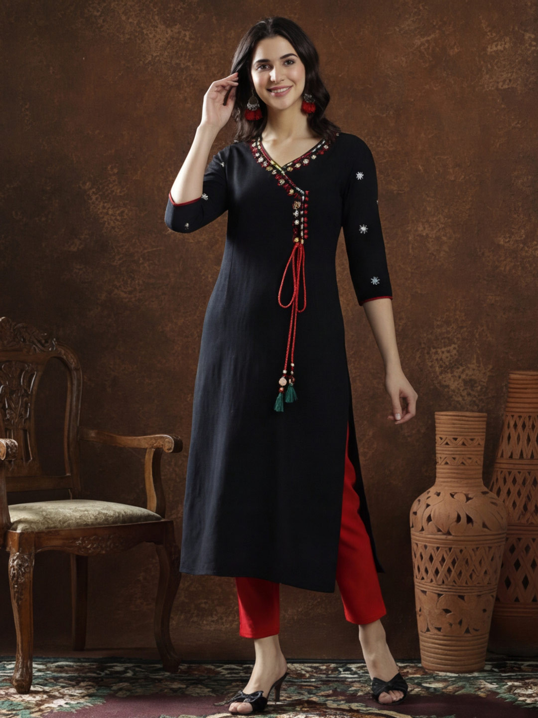 Anouk Women Floral Embroidered Mirror Work Kurta