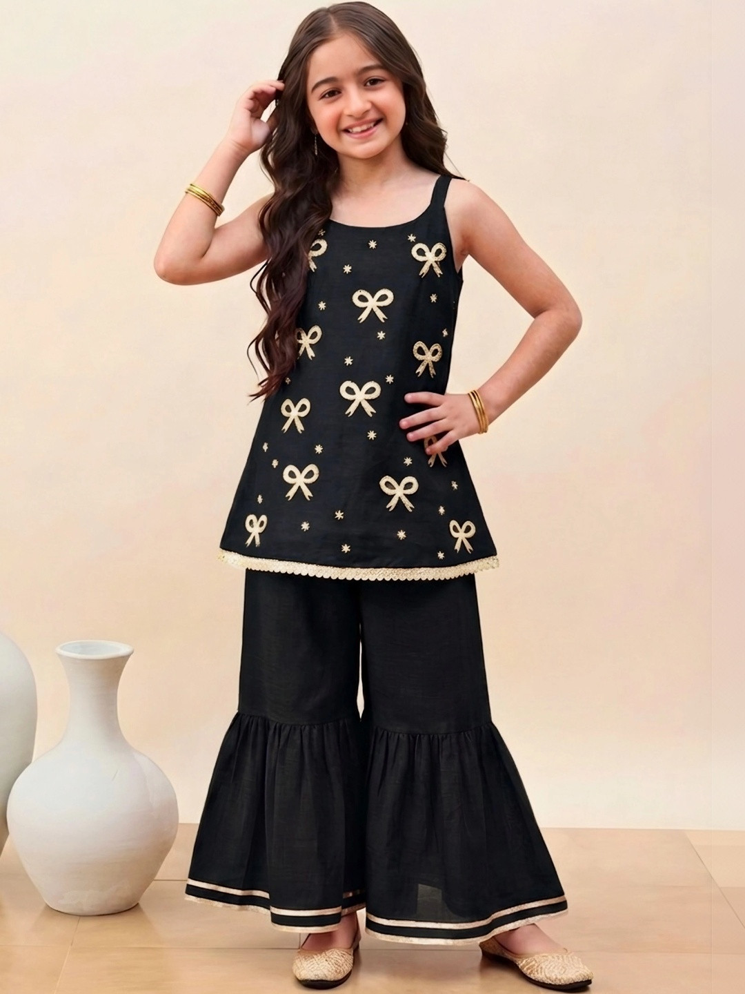 SHAHUDI DESIGNER Girls Embroidered Regular Thread Work Kurta with Palazzos