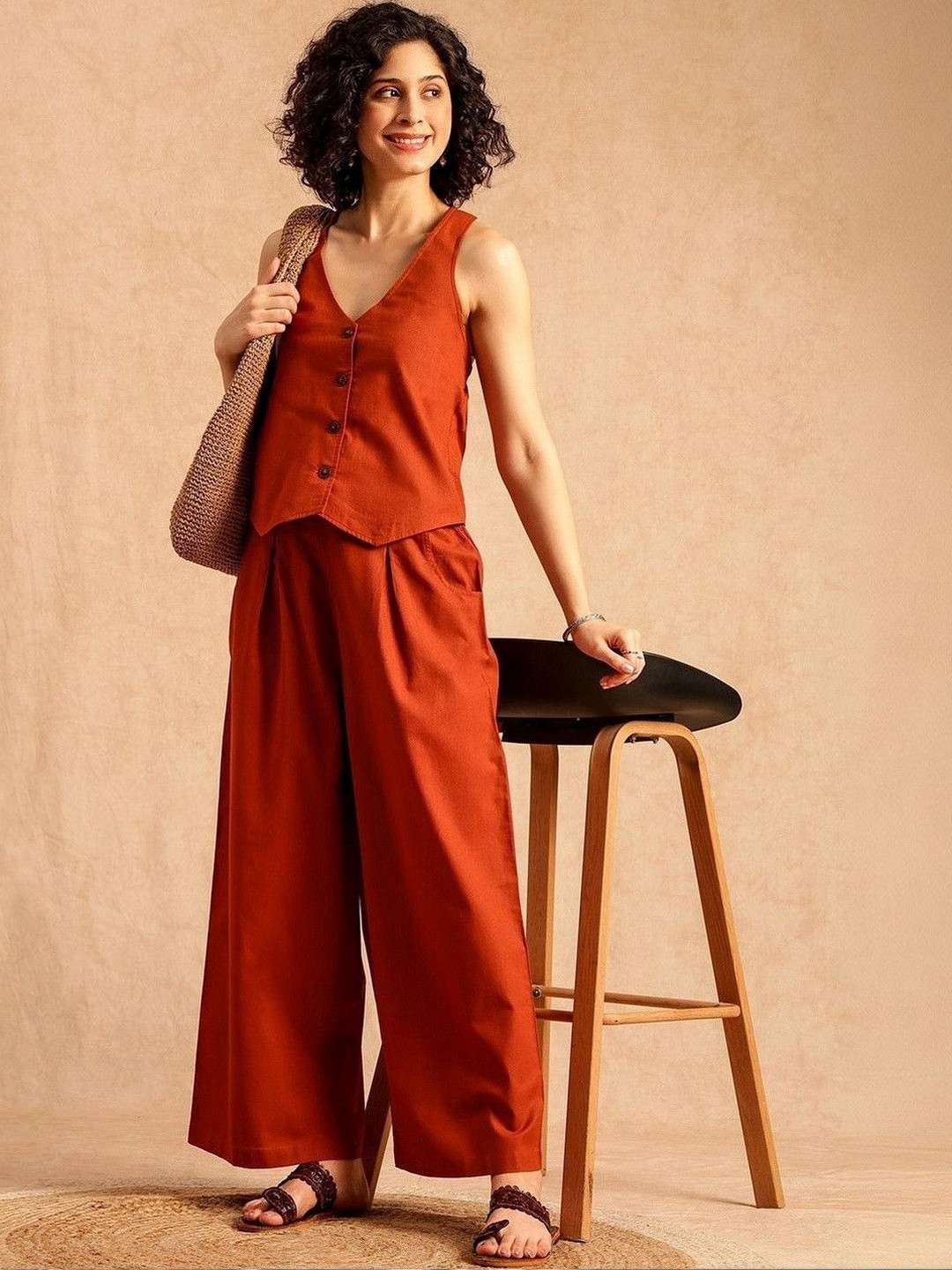 Anouk Cotton V-Neck Waistcoat With Palazzos Co-Ords