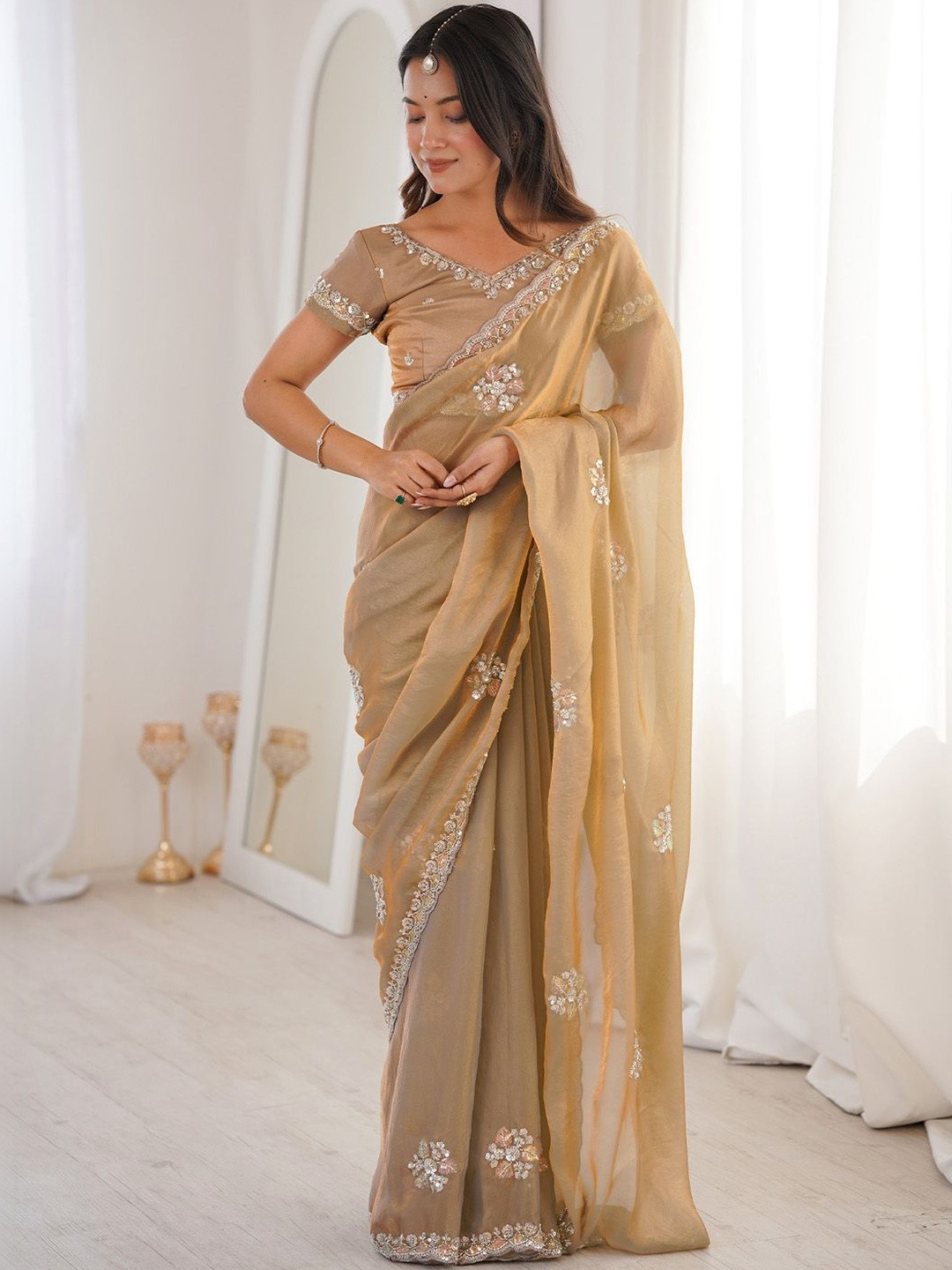 Anouk Gold Satin Ethnic Embellished Festive Wear Matching Blouse Sarees