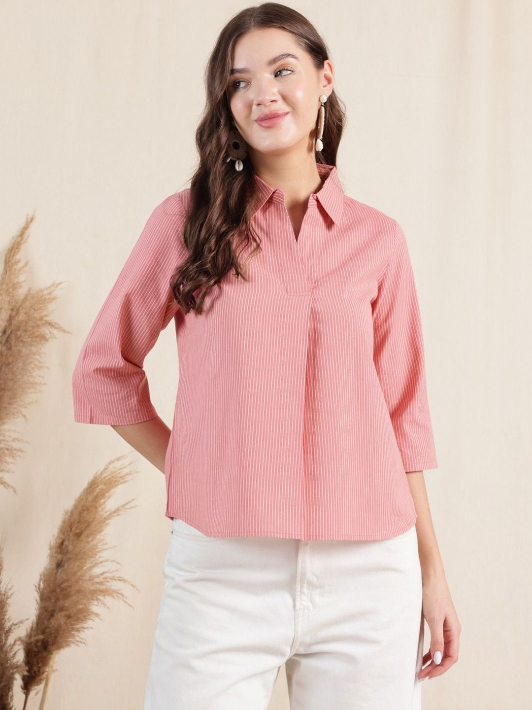 Anouk Pink Casual Stripe Print Lapel Collar Tops