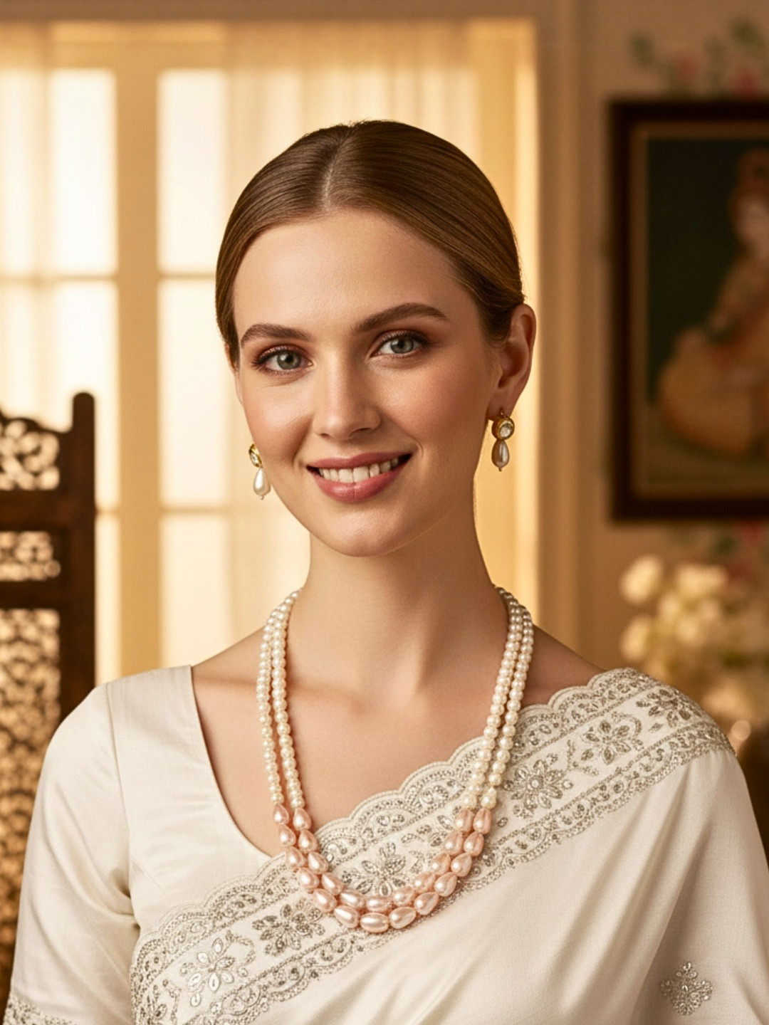 Anouk Double Layered Long White & Pink Pearl Neckalce & Kundan Earring Jewellery Set