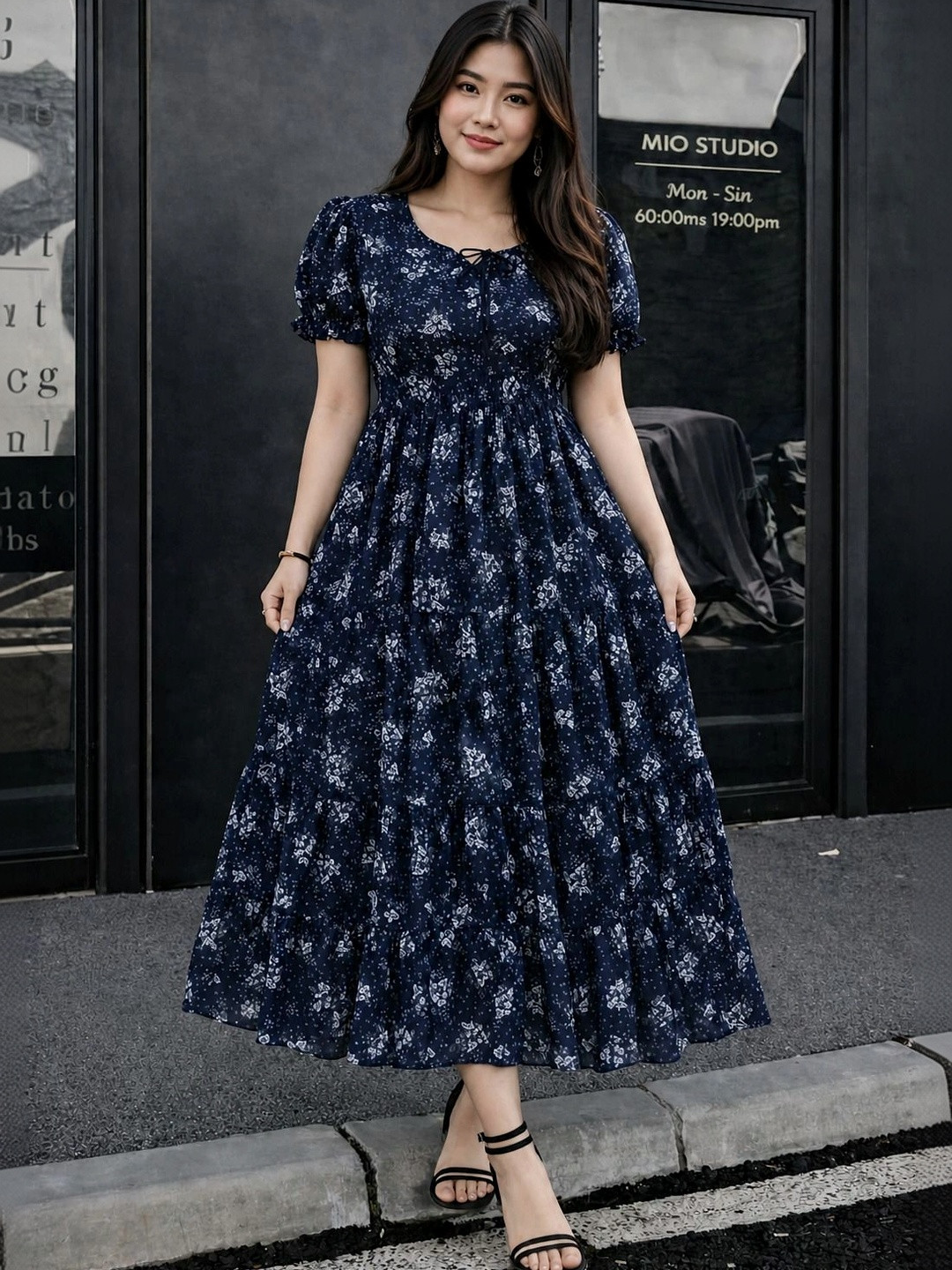 RKK COLLECTION Floral Print Puff Sleeve Georgette A-Line Maxi Dress
