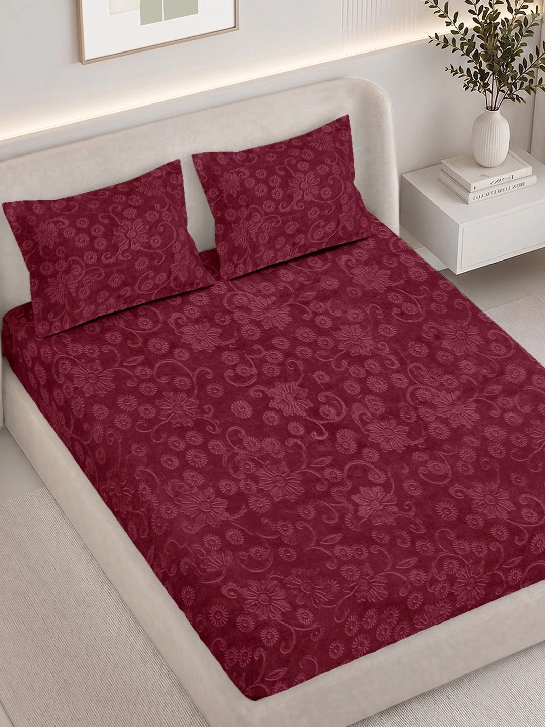 FABINALIV Maroon Floral Wool Skin-Friendly 300 TC King Fine Bedsheet with 2 Pillow Covers-98 x 89 inches