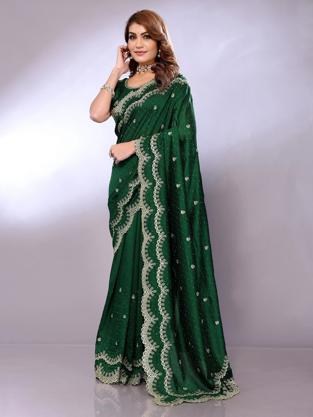 Anouk Ethnic Motifs Embroidered Silk Blend Heavy Work Saree