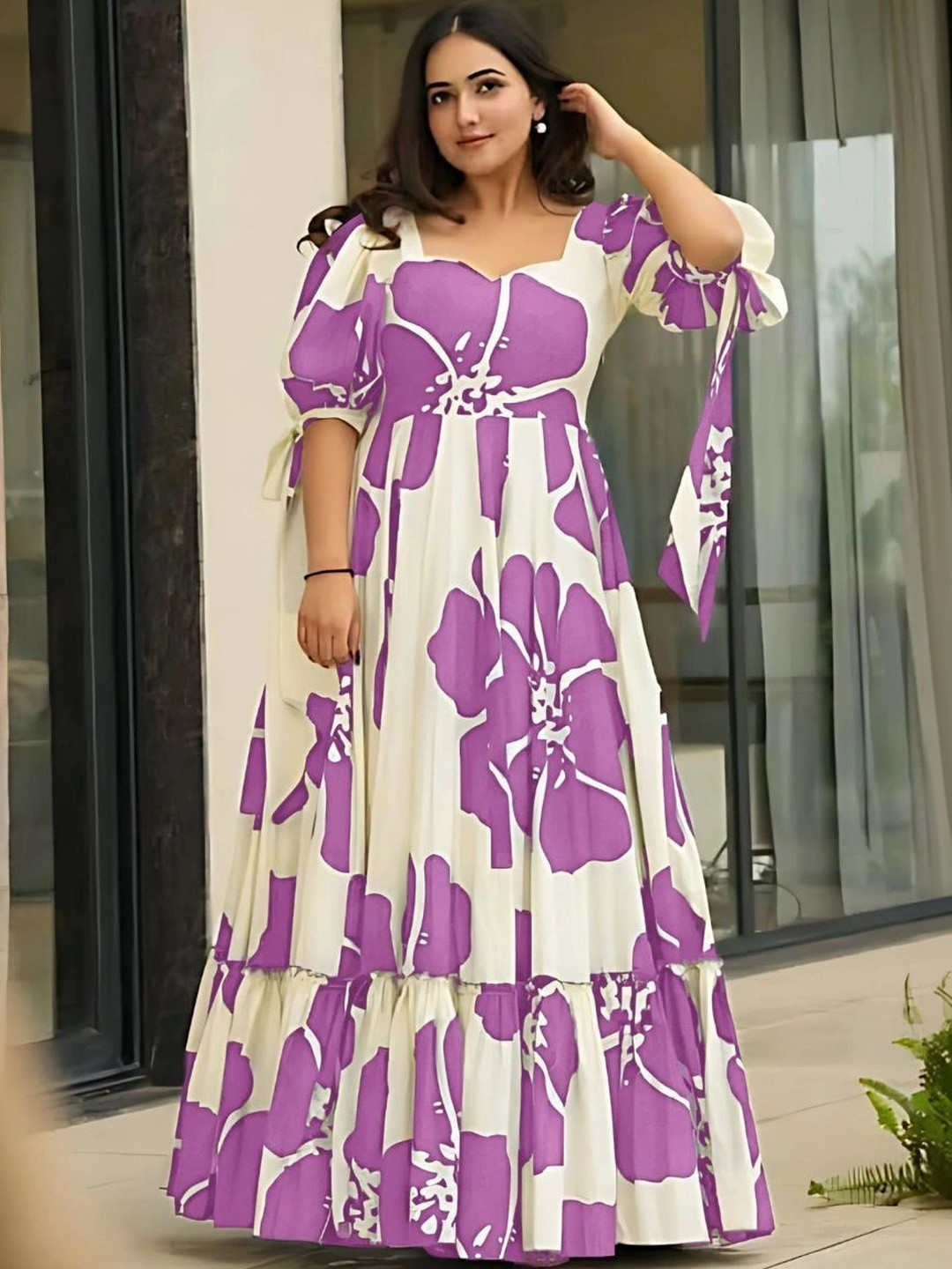 Modestouze Attires Floral Print Puff Sleeve A-Line Maxi Dress