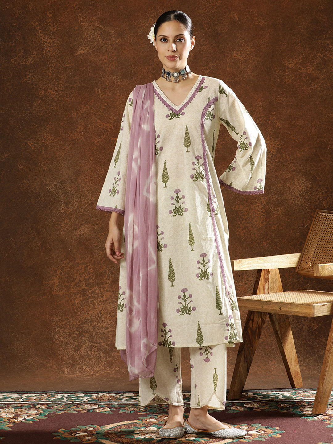 Anouk Women Ethnic Motifs Printed Regular Pure Cotton Kurta with Trousers & With Dupatta