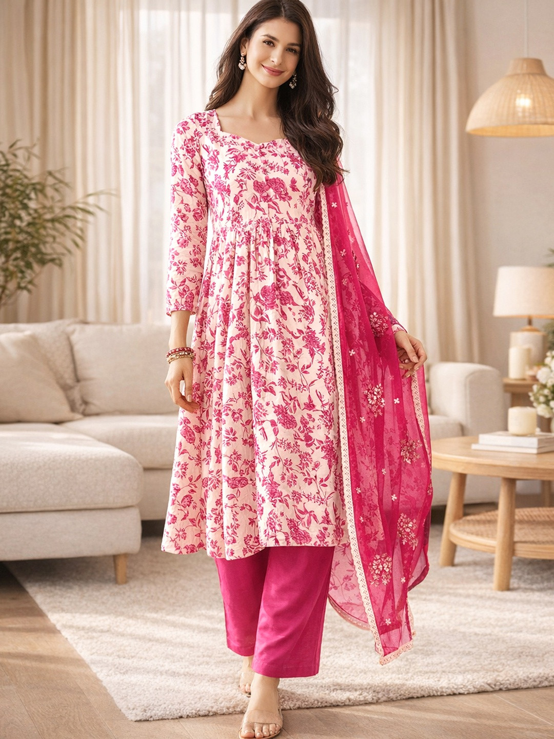 Anouk Women Floral Printed Empire Thread Work Kurta with Trousers & With Dupatta