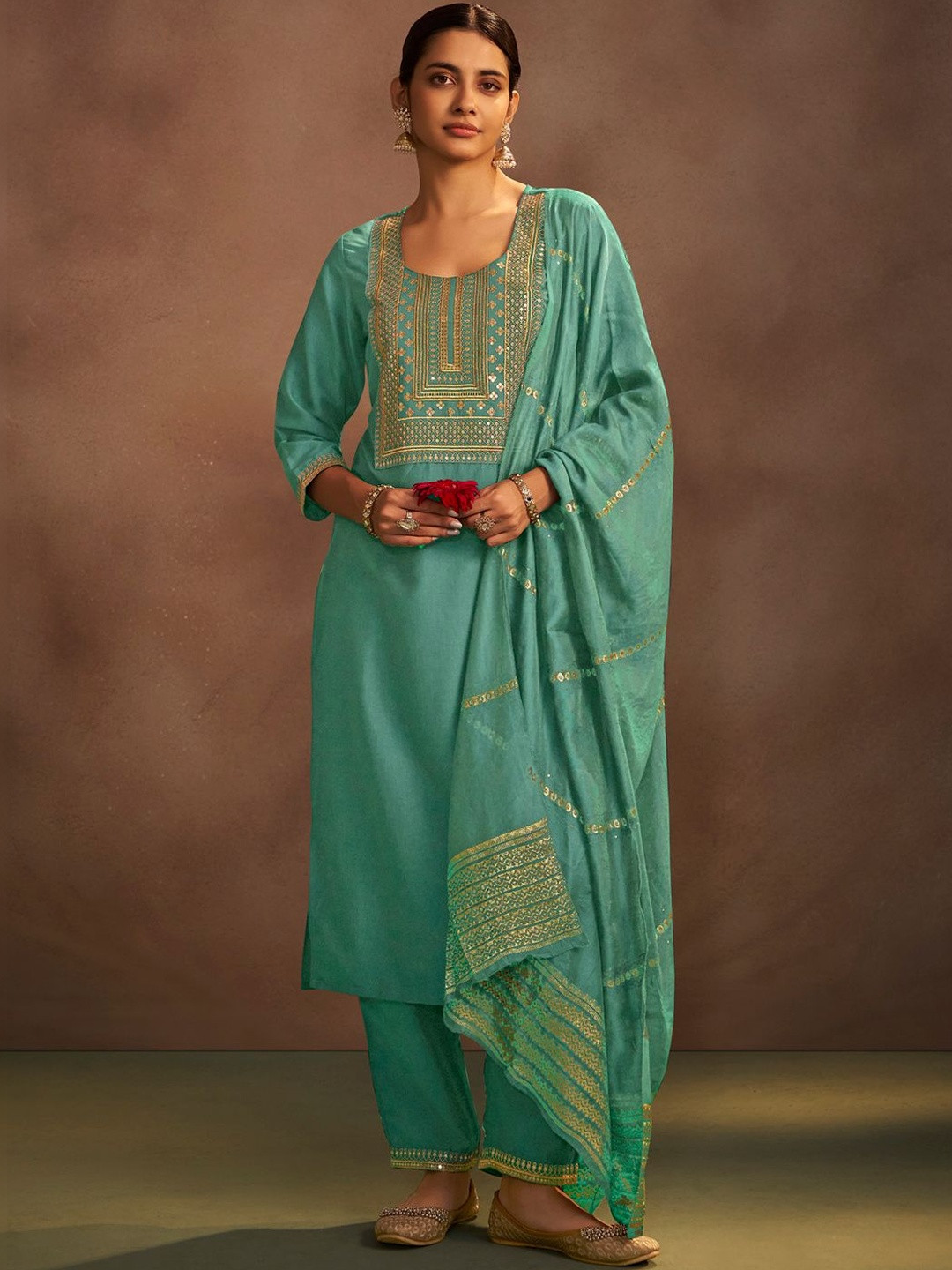 Anouk Women Ethnic Motifs Embroidered Regular Thread Work Kurta with Trousers & With Dupatta
