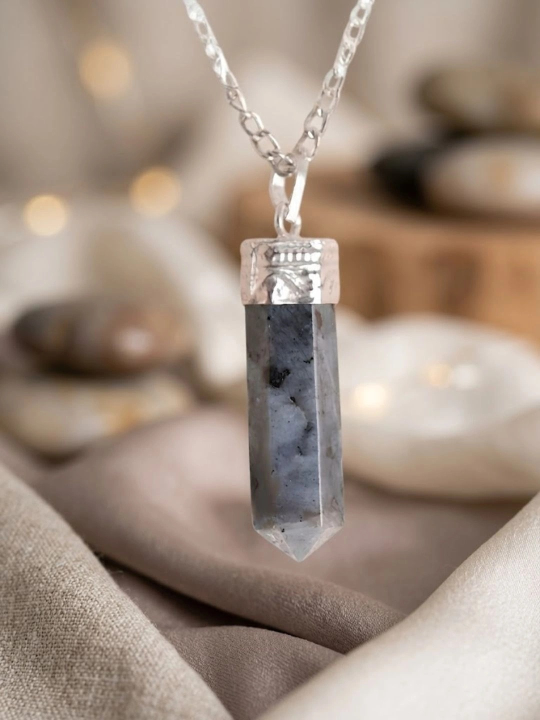 Shubhanjali Unisex Silver-Plated Larvikite Stone Studded Pencil Pendant