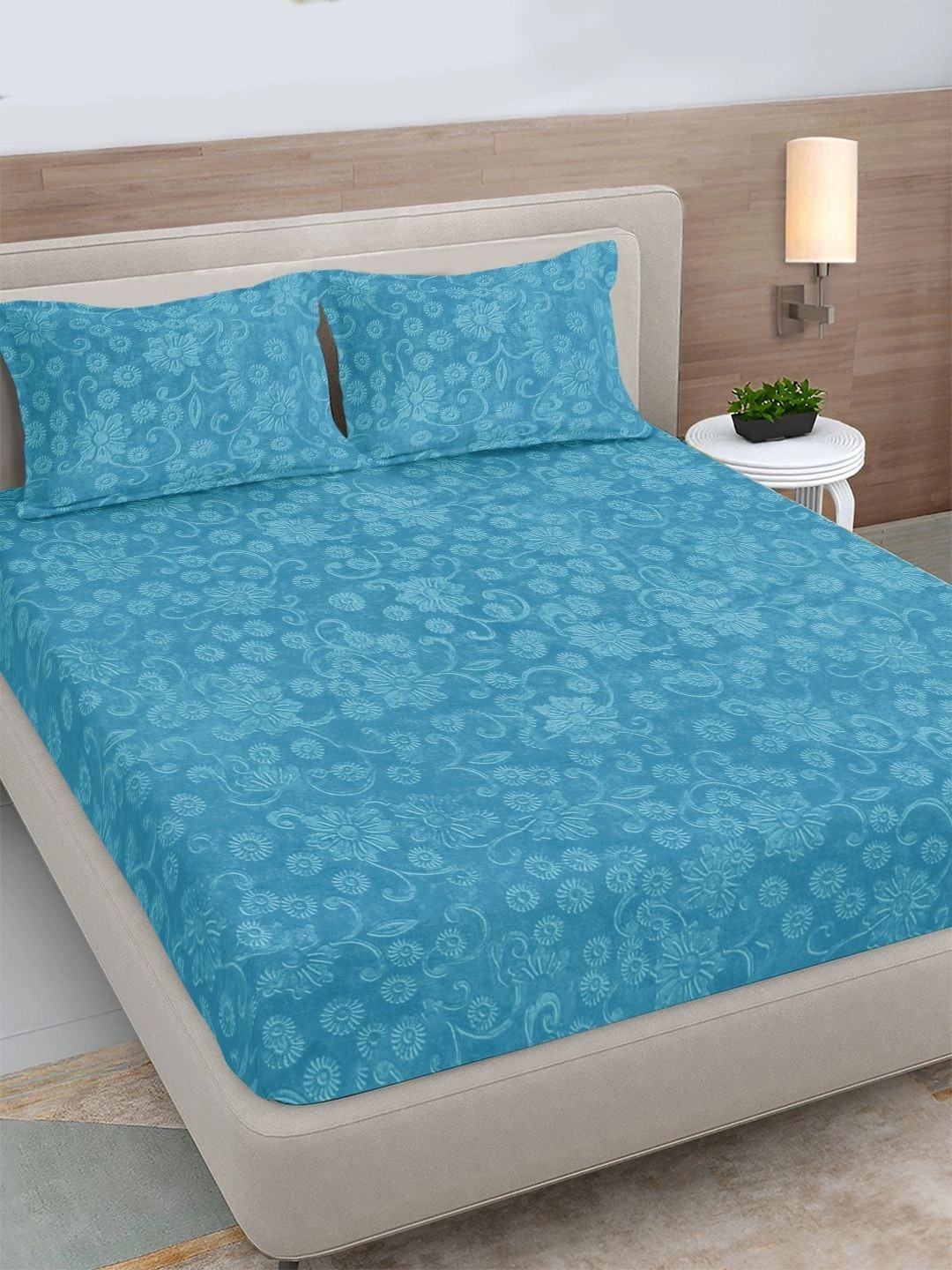 FABINALIV Blue Floral Wool 300 TC Fitted King Fine Bedsheet with 2 Pillow Covers-98 x 89 inches