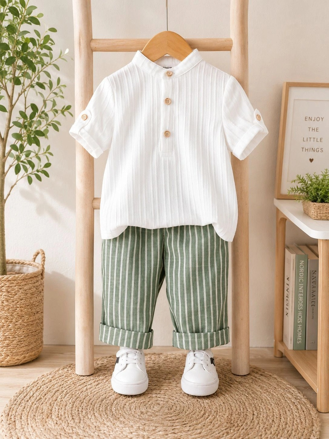 Dream Crushers Boys Self Design Mandarin Collar Roll-Up Sleeves Shirt With Trousers