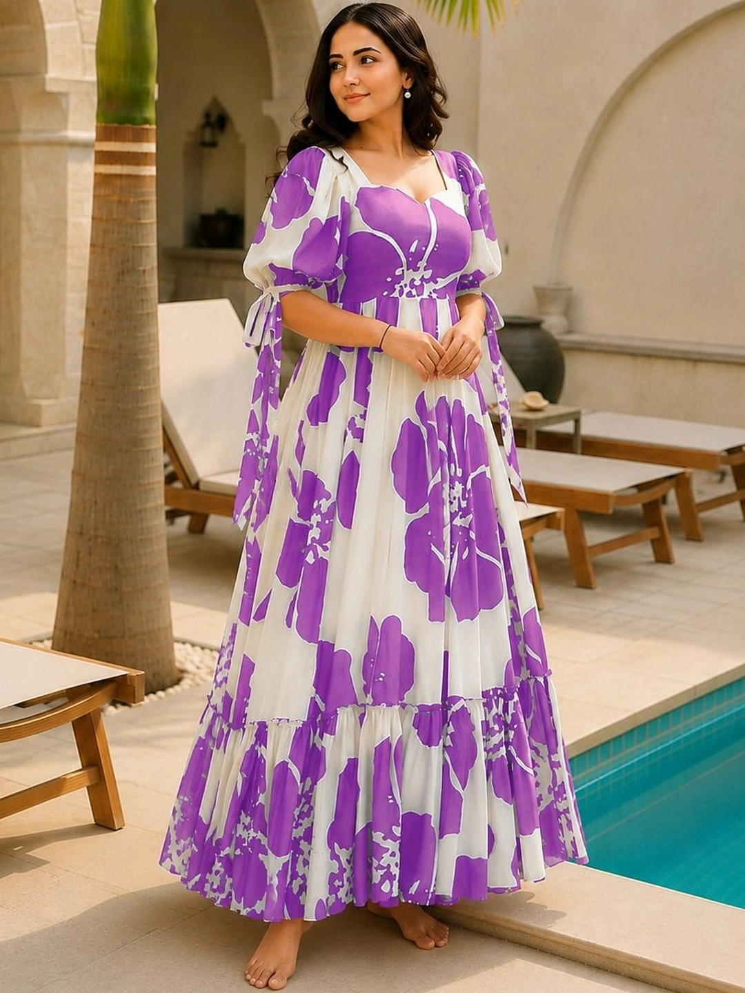 Modestouze Attires Floral Print Puff Sleeve A-Line Maxi Dress