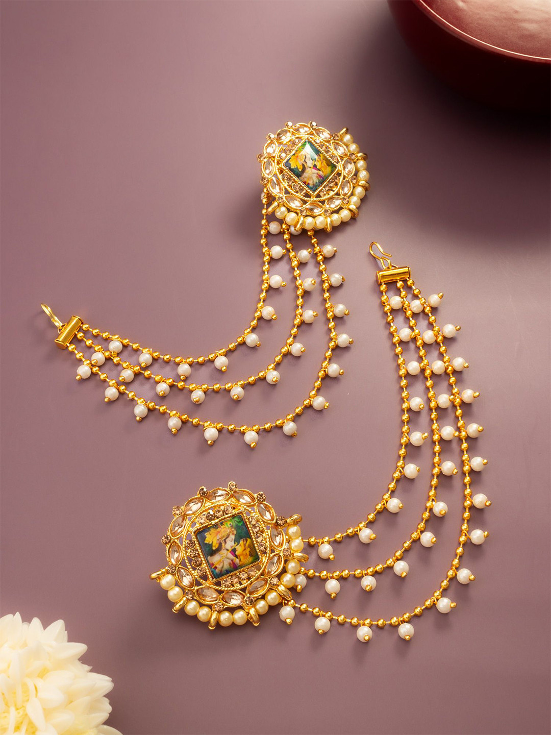 Anouk Gold Plated Kundan Studded And Pearls Beaded Circular Temple Studs With Ear Chain