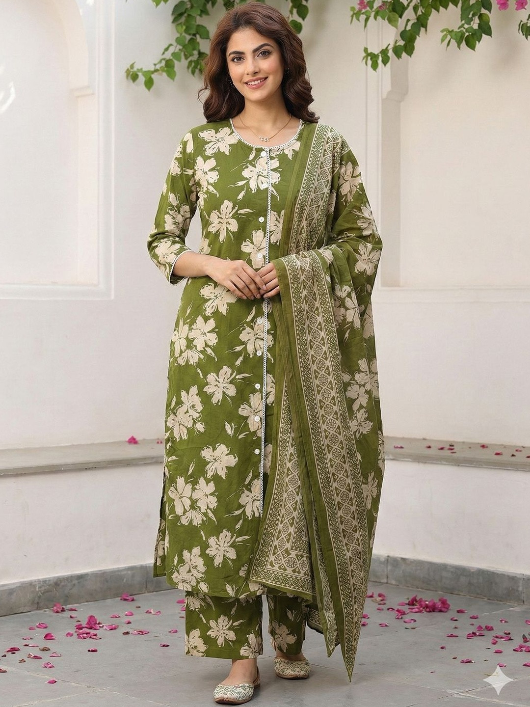 Anouk Women Floral Printed Regular Pure Cotton Kurta with Trousers & Dupatta