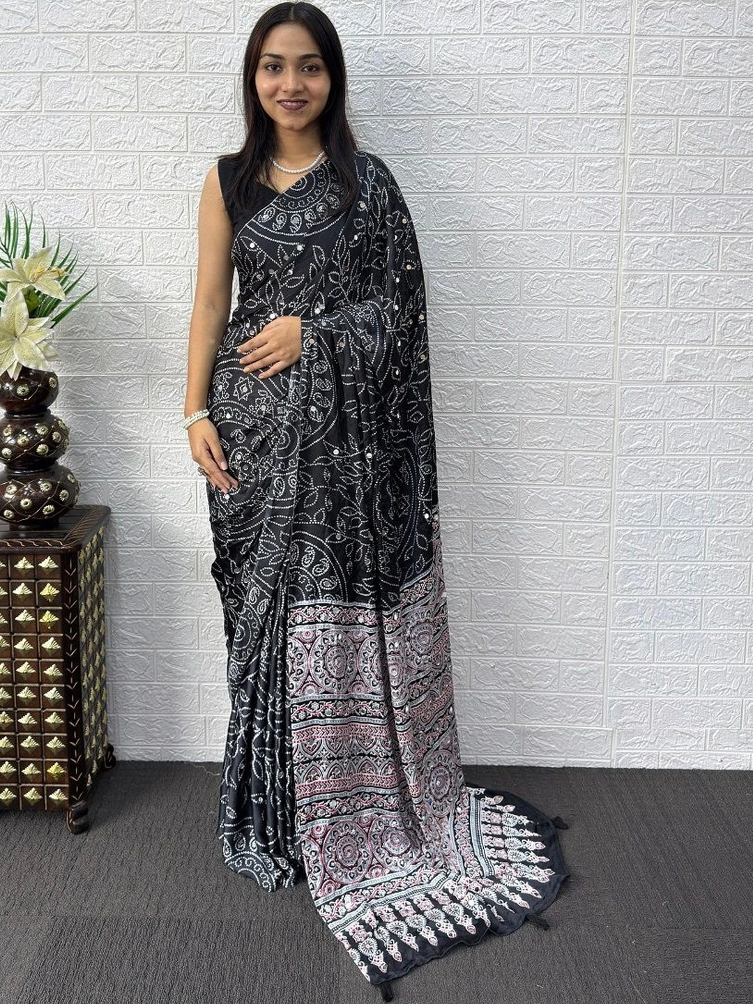 KOMAL NX Bandhani Mirror Work Satin Designer Saree