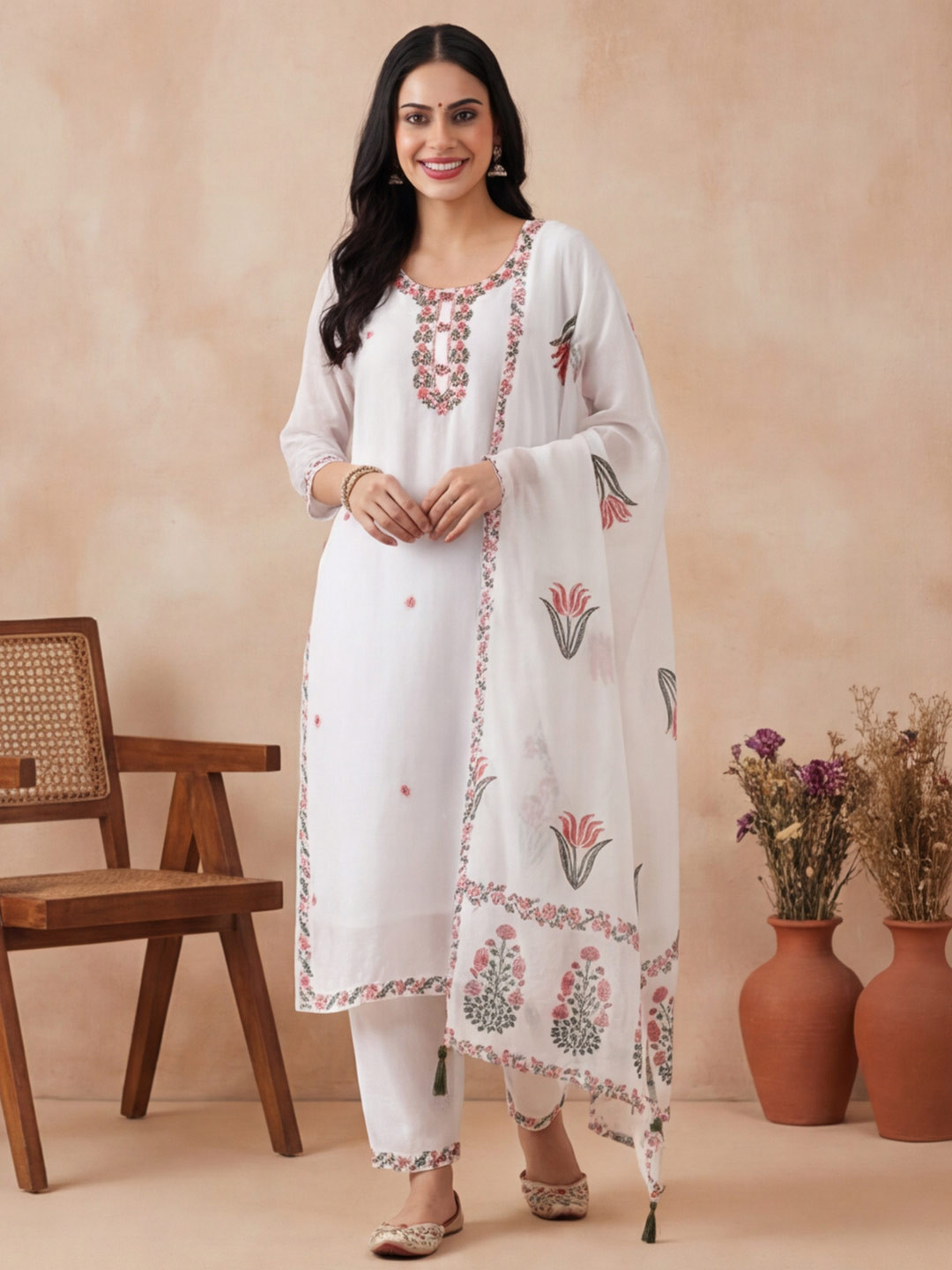 Anouk Women Embroidered Regular Mirror Work Kurta with Trousers & With Dupatta