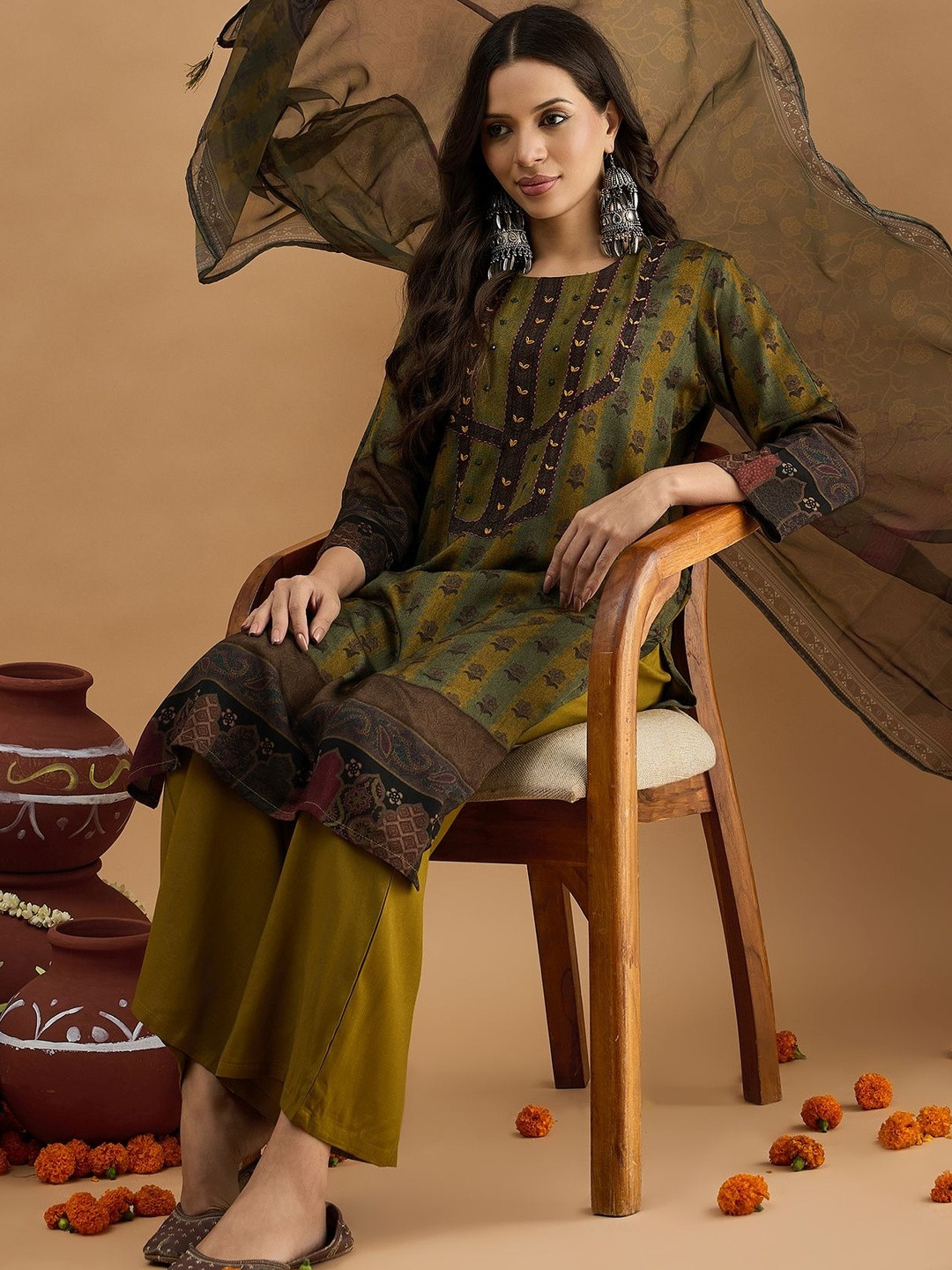 Anouk Women Ethnic Motifs Printed Regular Kantha Work Kurta with Palazzos & With Dupatta