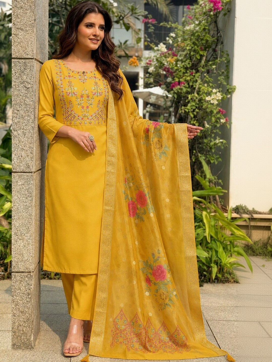 Sangria Women Ethnic Motifs Embroidered Regular Thread Work Kurta with Trousers & With Dupatta