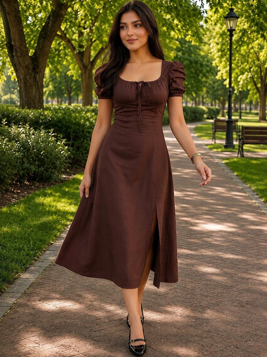 ELYRAA Puff Sleeve A-Line Midi Dress