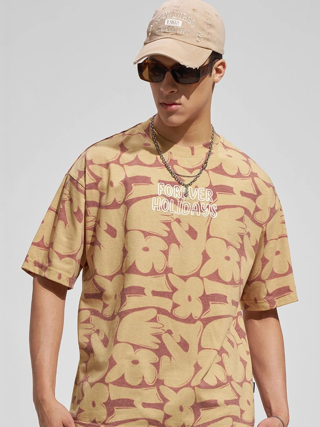 HIGHLANDER Floral Printed Round Neck Half Sleeve Oversized Drop Shoulder T-shirt