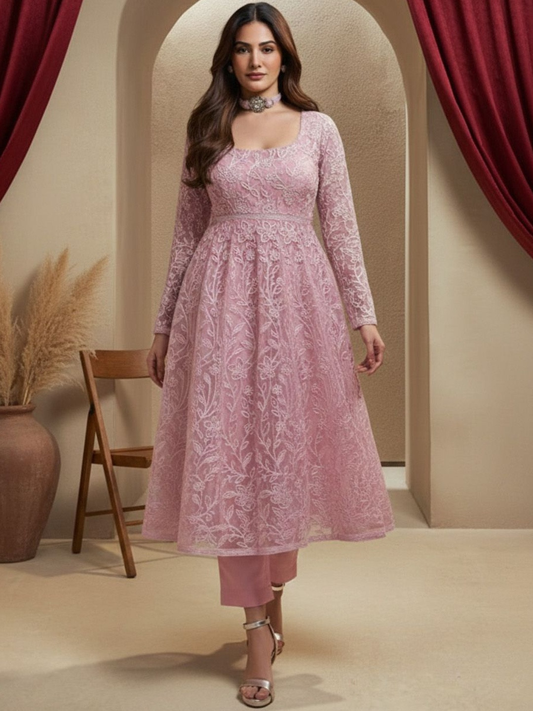 Anouk Mirage Floral Embroidered Empire Thread Work Net Kurta With Trousers