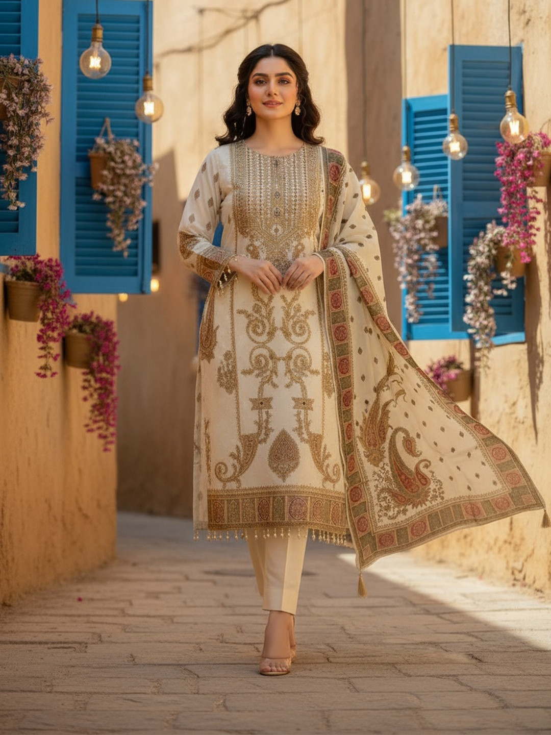 Anouk Ethnic Motifs Printed Round Neck Straight Kurta With Trousers & Dupatta