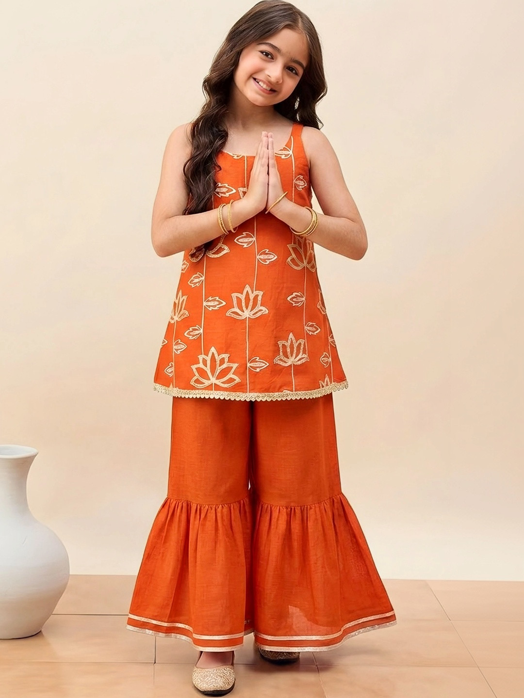 SHAHUDI DESIGNER Girls Embroidered Regular Thread Work Kurta with Palazzos