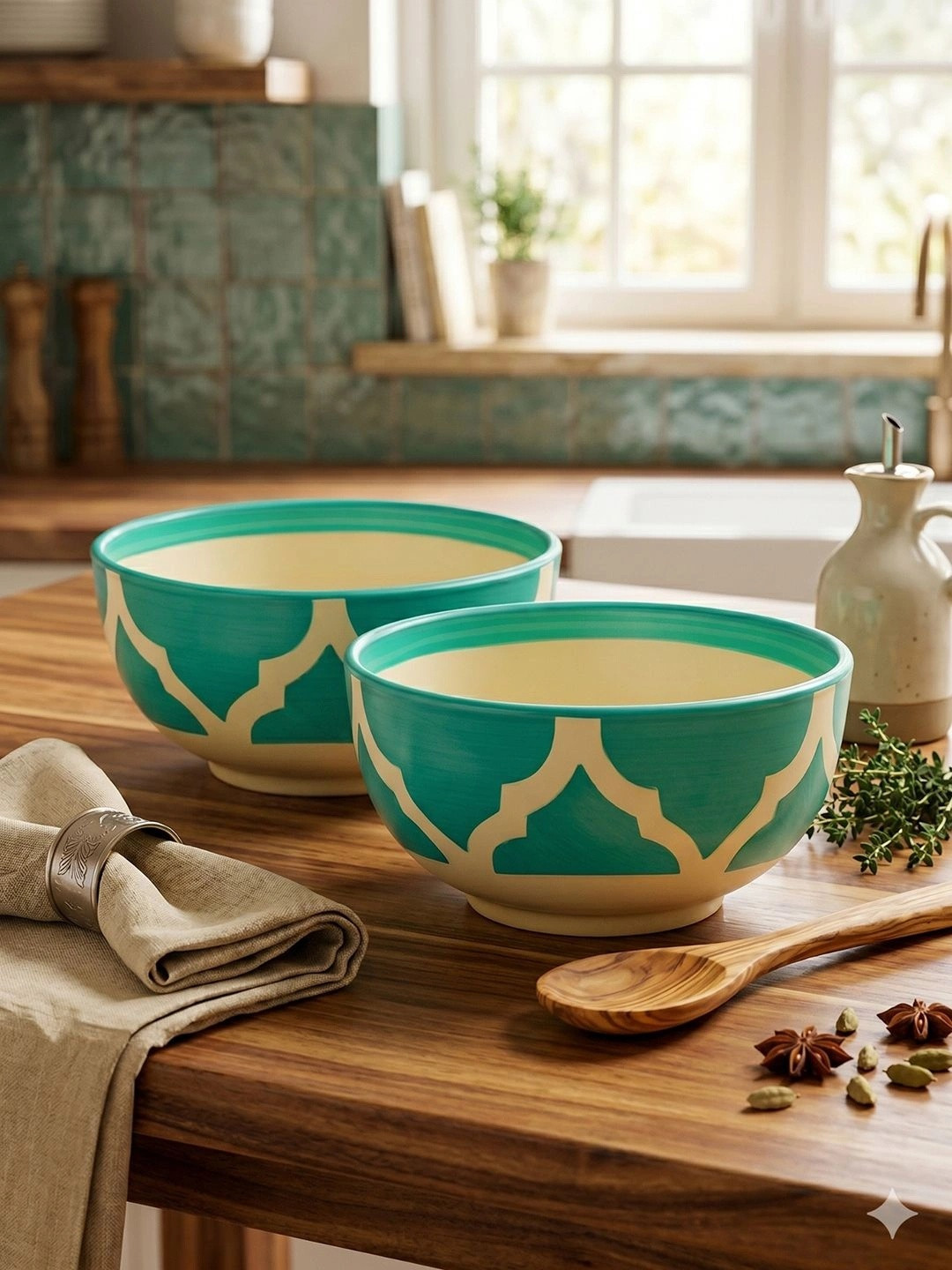 YELONA Green 2 Pieces Ceramic Dishwasher and Microwave Safe Serving Bowl
