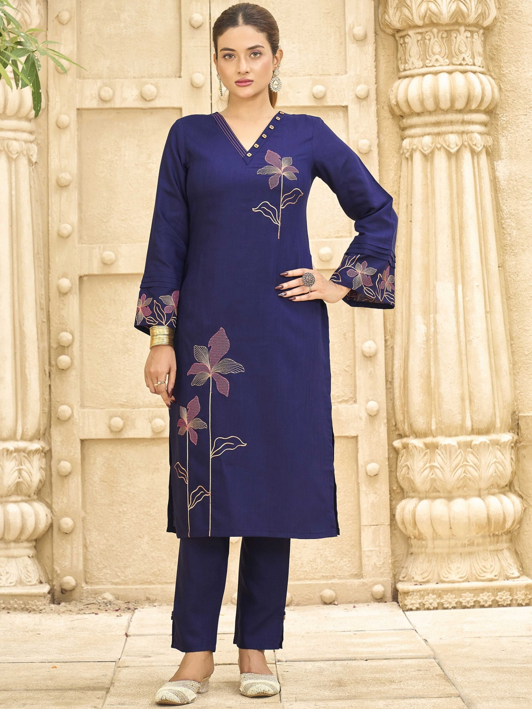 Anouk Women's Blue Embroidered Kurta With Trouser