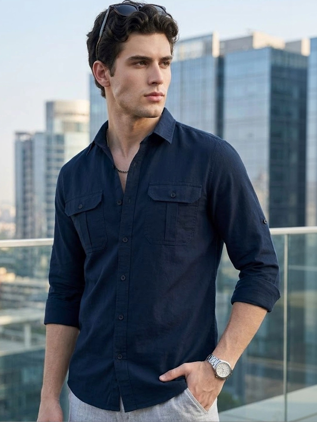 Urbano Fashion Men Spread Collar Solid Cotton Casual Shirt