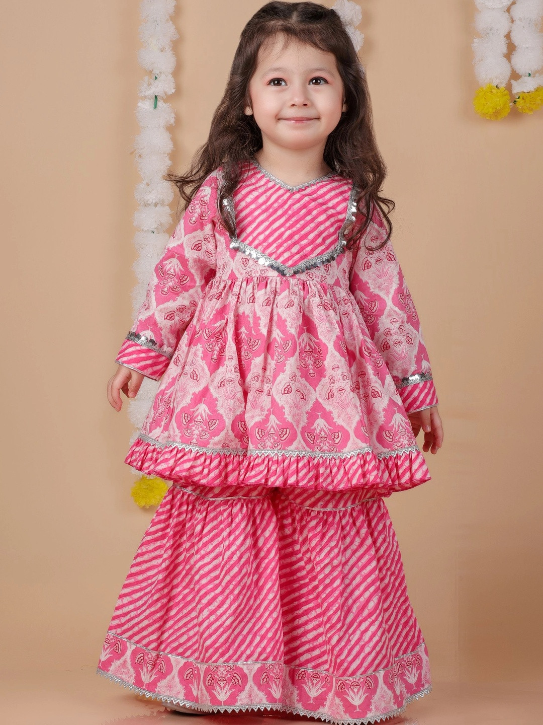 Girls Floral Printed Pleated Round Neck Pure Cotton Anarkali Kurta With Sharara 6
