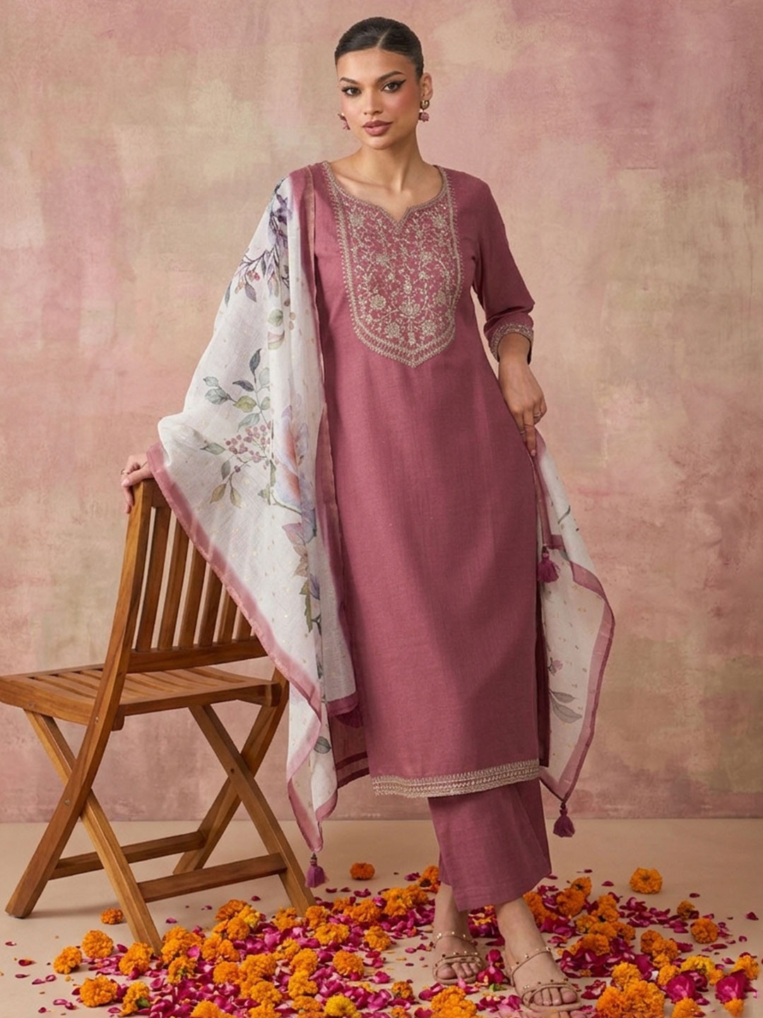 Anouk Women Floral Embroidered Regular Thread Work Kurta with Trousers & With Dupatta