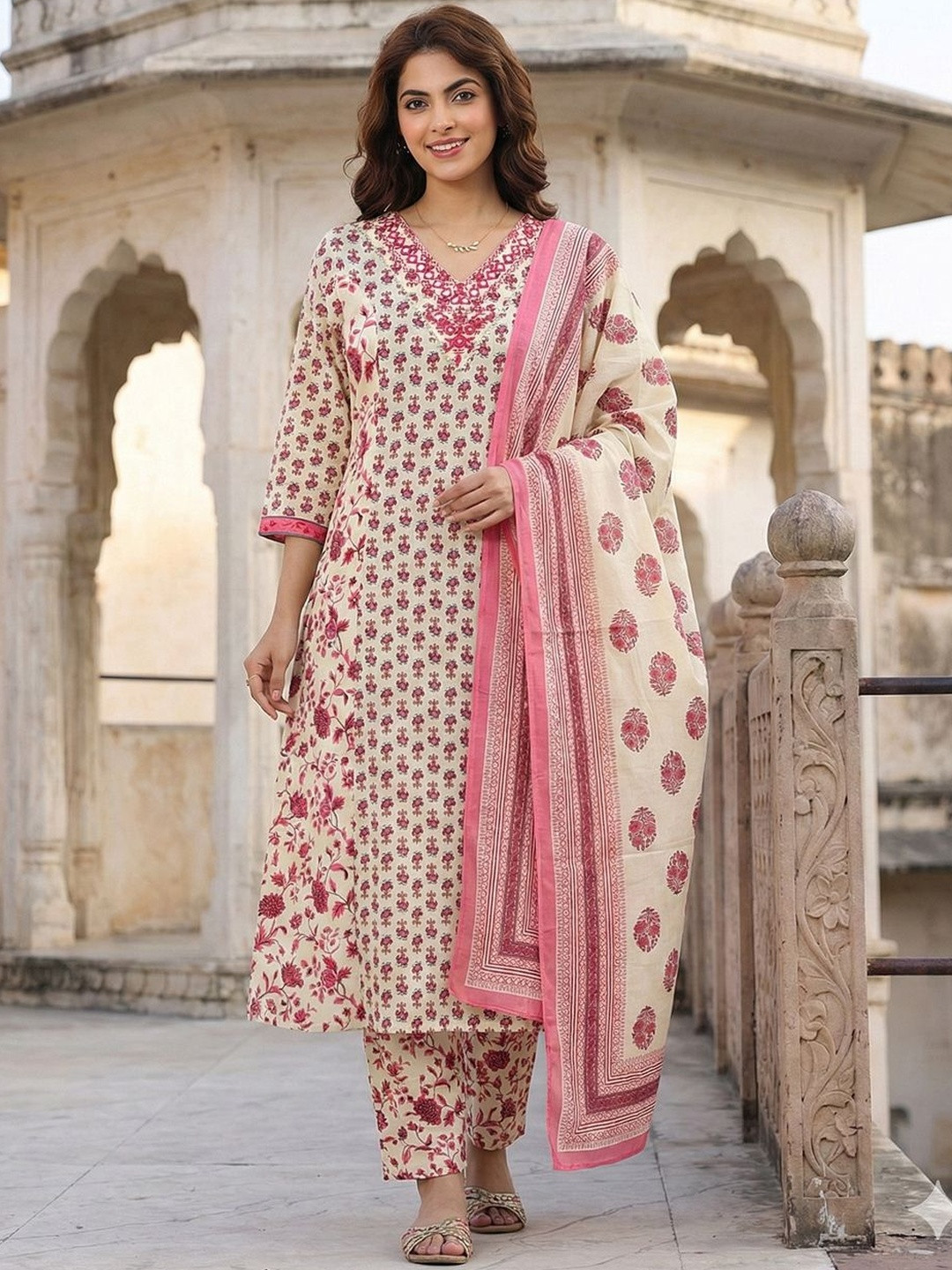 Anouk Women Ethnic Motifs Printed Regular Thread Work Pure Cotton Kurta with Trousers & With Dupatta